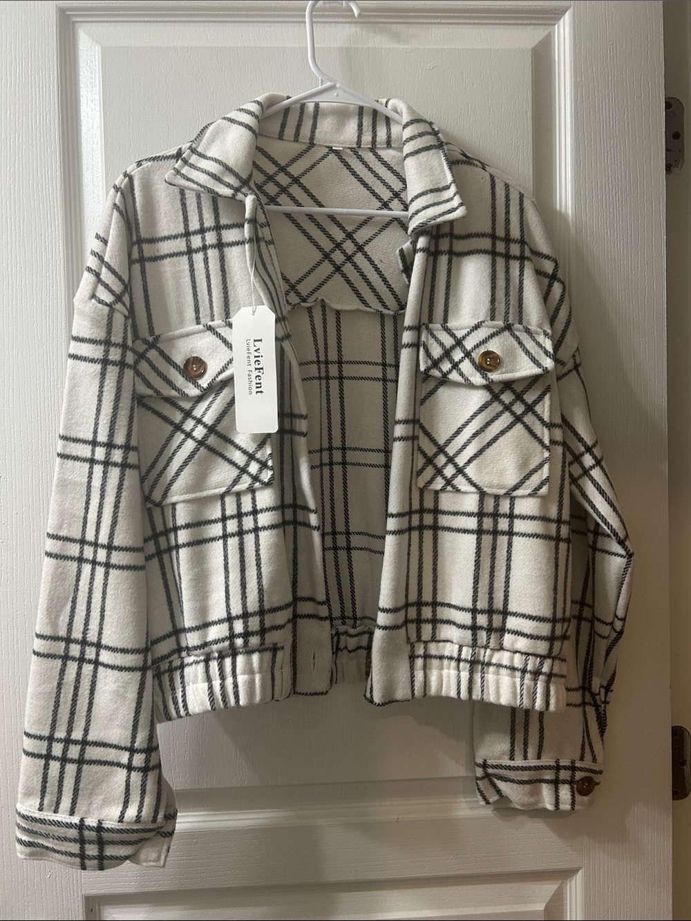 Women's Cream Plaid Shacket Jacket with Black Windowpane